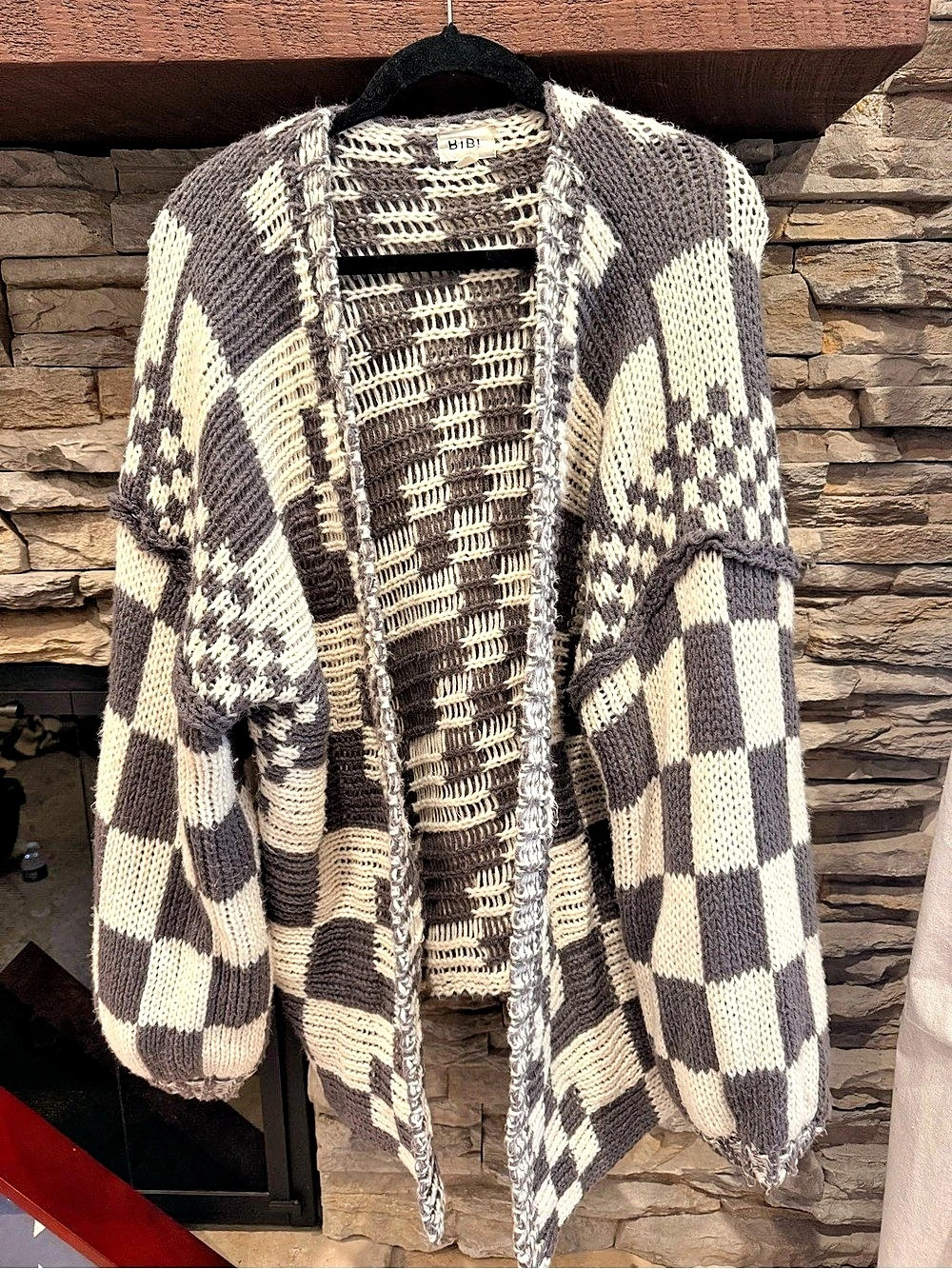 BiBi Checkered Open-Front Chunky Knit Cardigan Brown & Cream